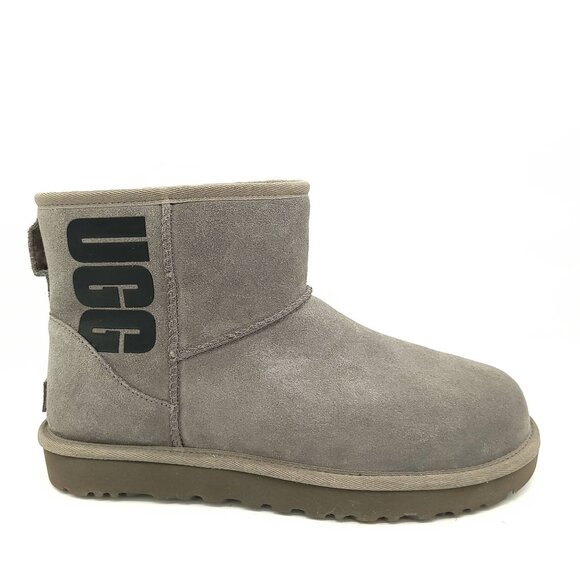 UGG Classic Mini Logo Boots Womens 11 Gray Suede Warm Cozy Shearling Classic - Picture 1 of 11